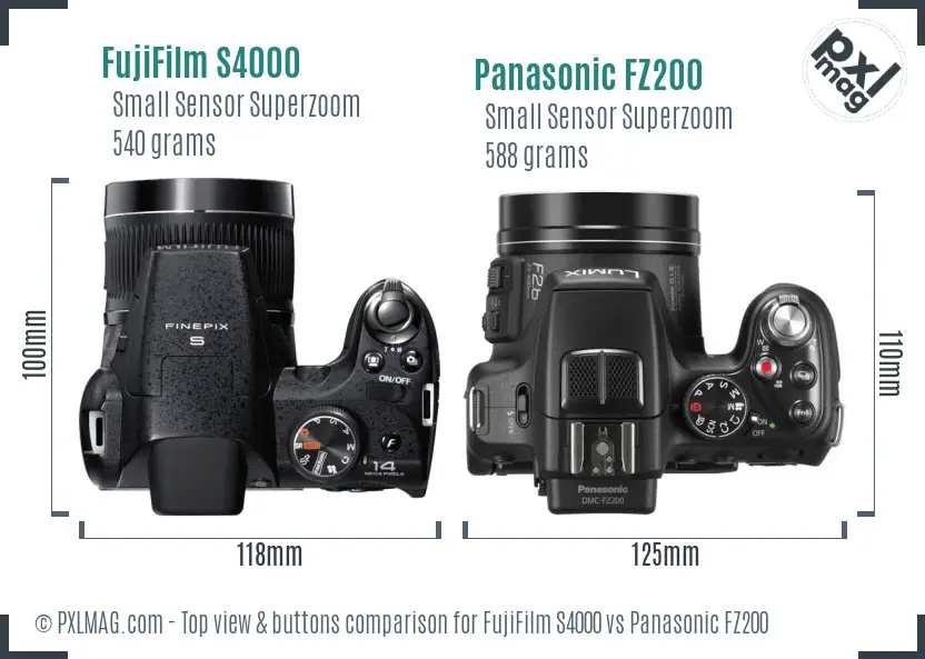FujiFilm S4000 vs Panasonic FZ200 top view buttons comparison