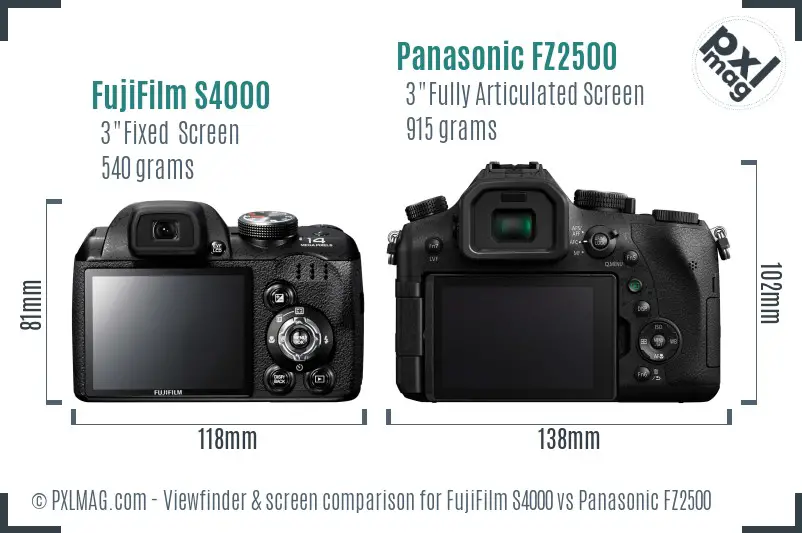 FujiFilm S4000 vs Panasonic FZ2500 Screen and Viewfinder comparison