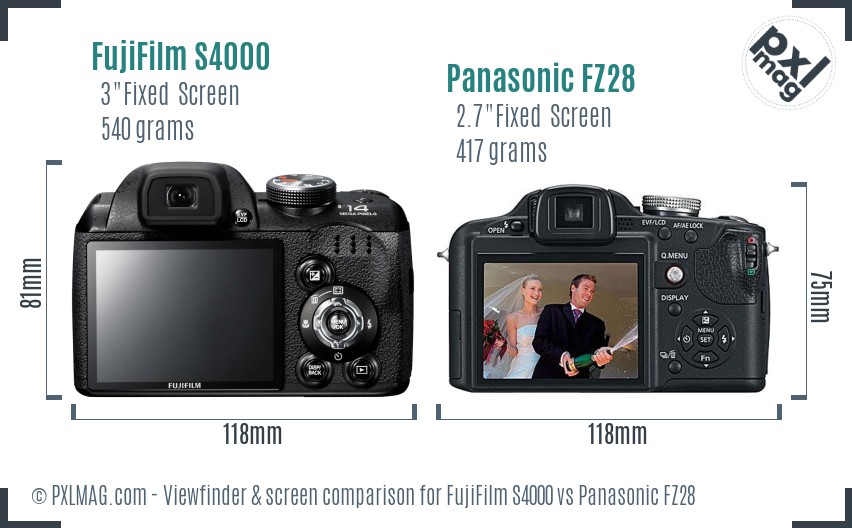 FujiFilm S4000 vs Panasonic FZ28 Screen and Viewfinder comparison
