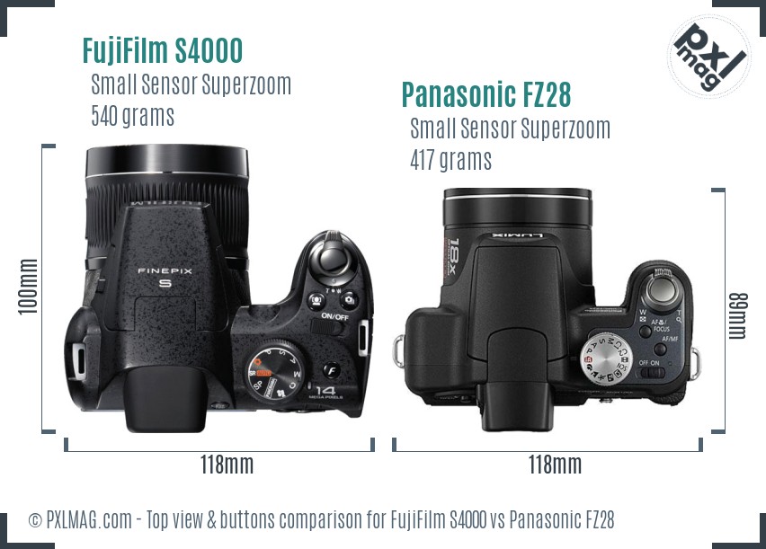FujiFilm S4000 vs Panasonic FZ28 top view buttons comparison