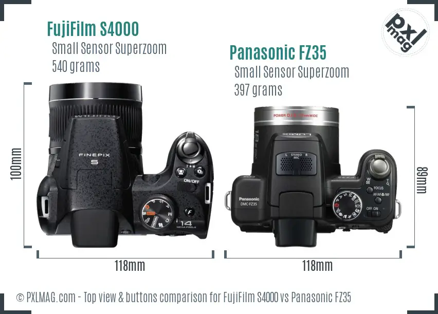 FujiFilm S4000 vs Panasonic FZ35 top view buttons comparison FujiFilm S4000 vs Panasonic FZ35 top view buttons comparison