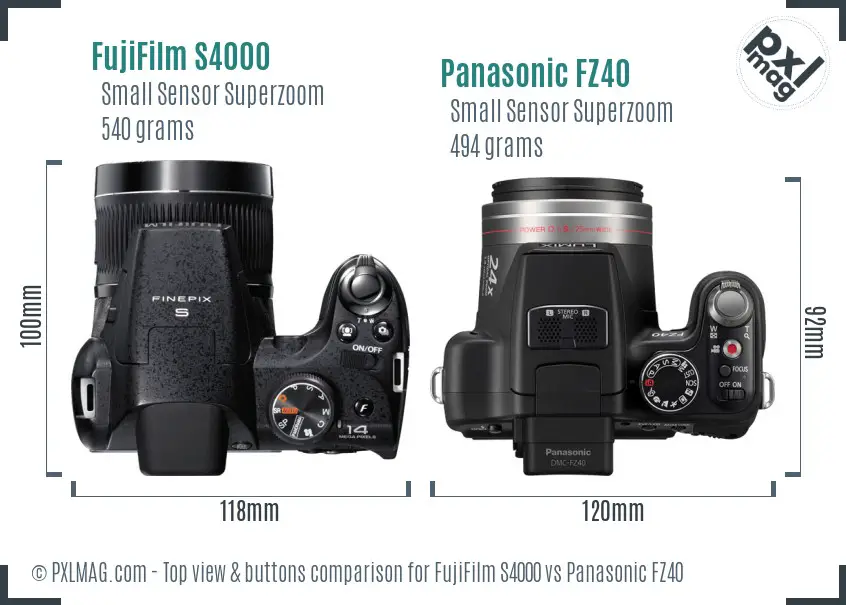 FujiFilm S4000 vs Panasonic FZ40 top view buttons comparison FujiFilm S4000 vs Panasonic FZ40 top view buttons comparison