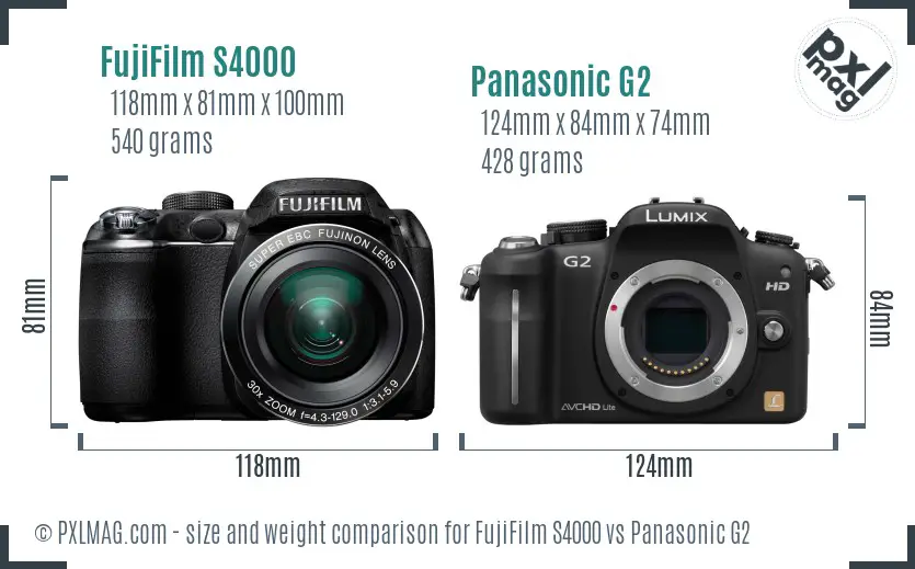 FujiFilm S4000 vs Panasonic G2 size comparison