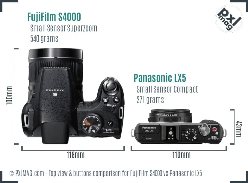 FujiFilm S4000 vs Panasonic LX5 top view buttons comparison