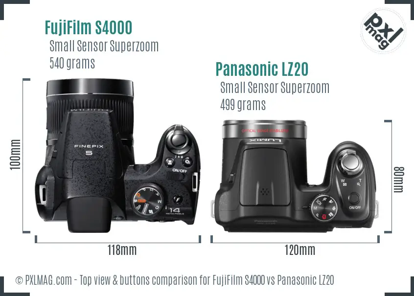 FujiFilm S4000 vs Panasonic LZ20 top view buttons comparison