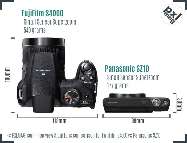 FujiFilm S4000 vs Panasonic SZ10 top view buttons comparison FujiFilm S4000 vs Panasonic SZ10 top view buttons comparison