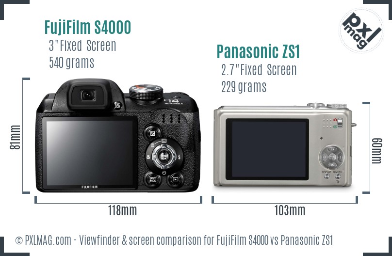 FujiFilm S4000 vs Panasonic ZS1 Screen and Viewfinder comparison