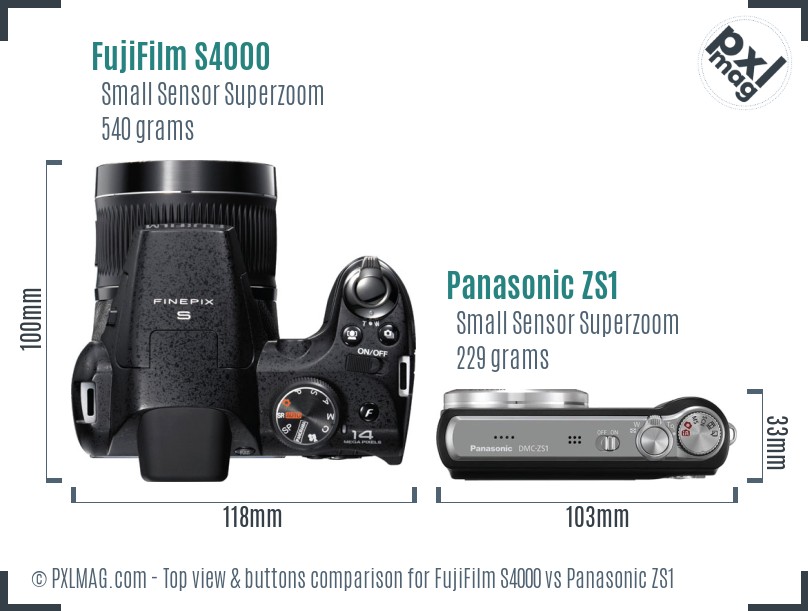 FujiFilm S4000 vs Panasonic ZS1 top view buttons comparison