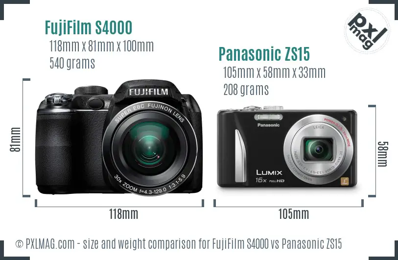 FujiFilm S4000 vs Panasonic ZS15 size comparison FujiFilm S4000 vs Panasonic ZS15 size comparison