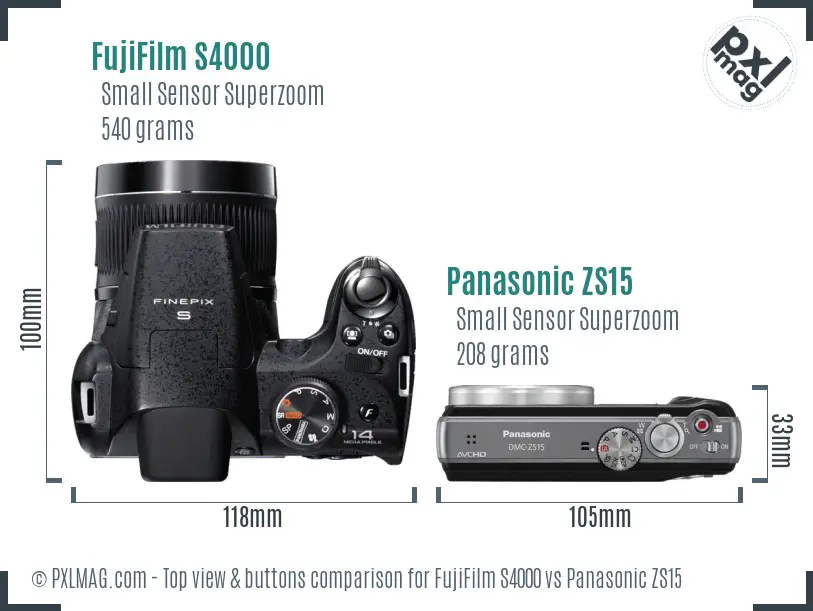 FujiFilm S4000 vs Panasonic ZS15 top view buttons comparison FujiFilm S4000 vs Panasonic ZS15 top view buttons comparison