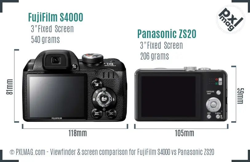 FujiFilm S4000 vs Panasonic ZS20 Screen and Viewfinder comparison