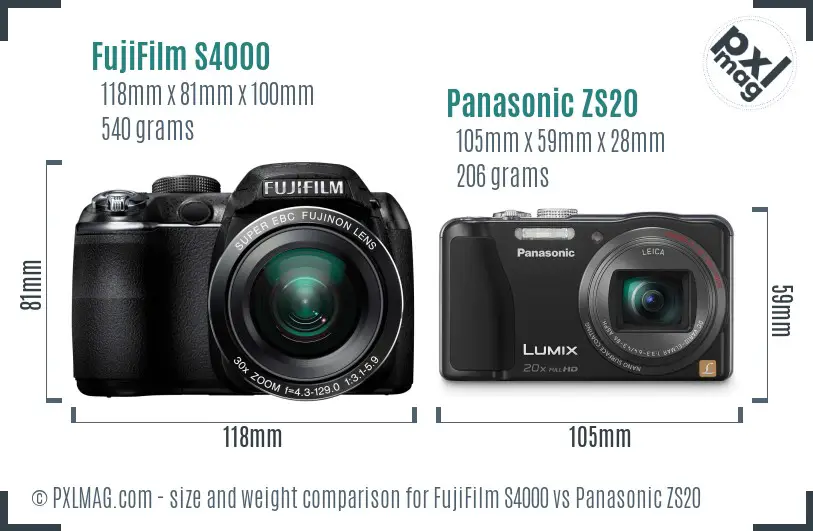 FujiFilm S4000 vs Panasonic ZS20 size comparison