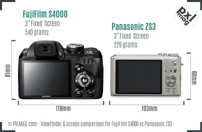 FujiFilm S4000 vs Panasonic ZS3 Screen and Viewfinder comparison