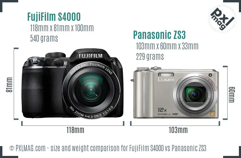 FujiFilm S4000 vs Panasonic ZS3 size comparison