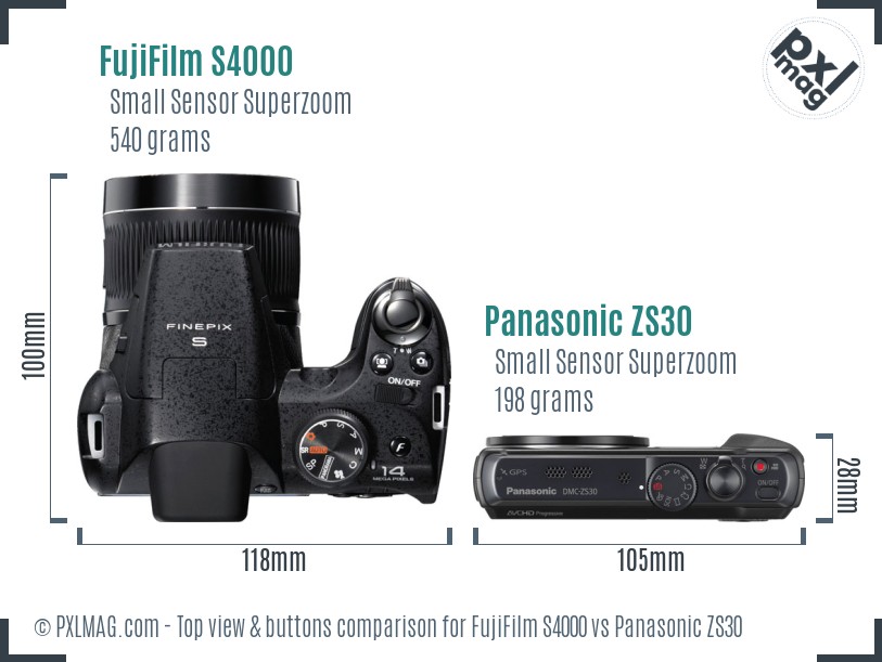 FujiFilm S4000 vs Panasonic ZS30 top view buttons comparison