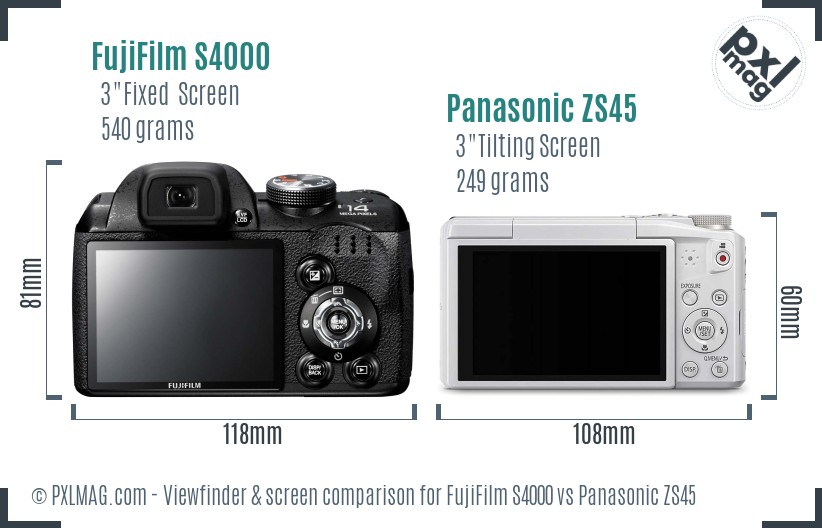 FujiFilm S4000 vs Panasonic ZS45 Screen and Viewfinder comparison