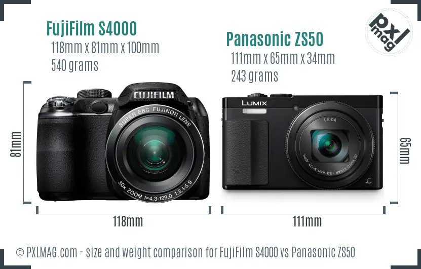 FujiFilm S4000 vs Panasonic ZS50 size comparison