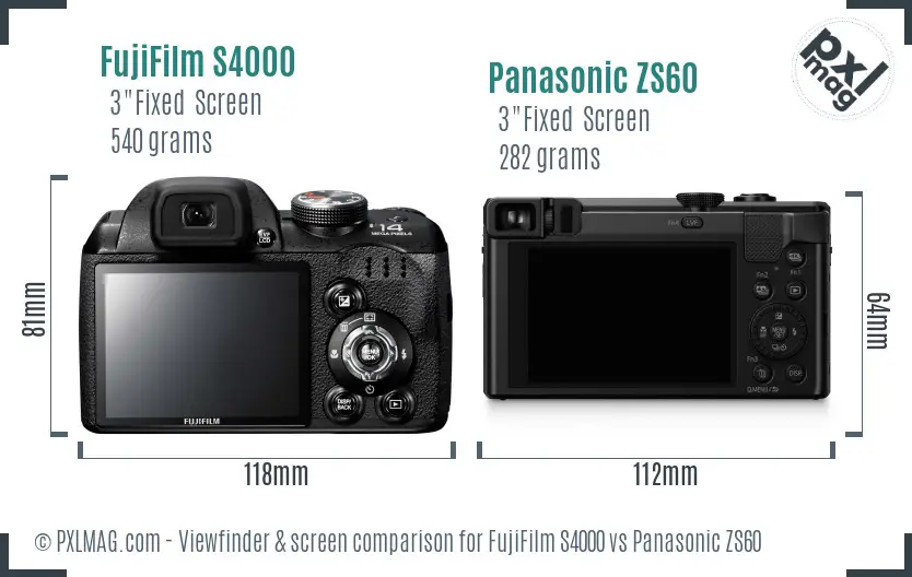 FujiFilm S4000 vs Panasonic ZS60 Screen and Viewfinder comparison