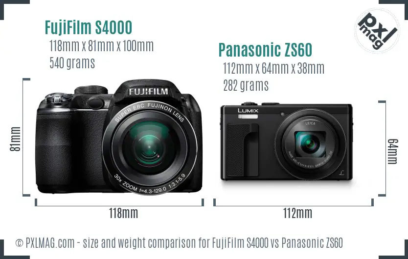 FujiFilm S4000 vs Panasonic ZS60 size comparison