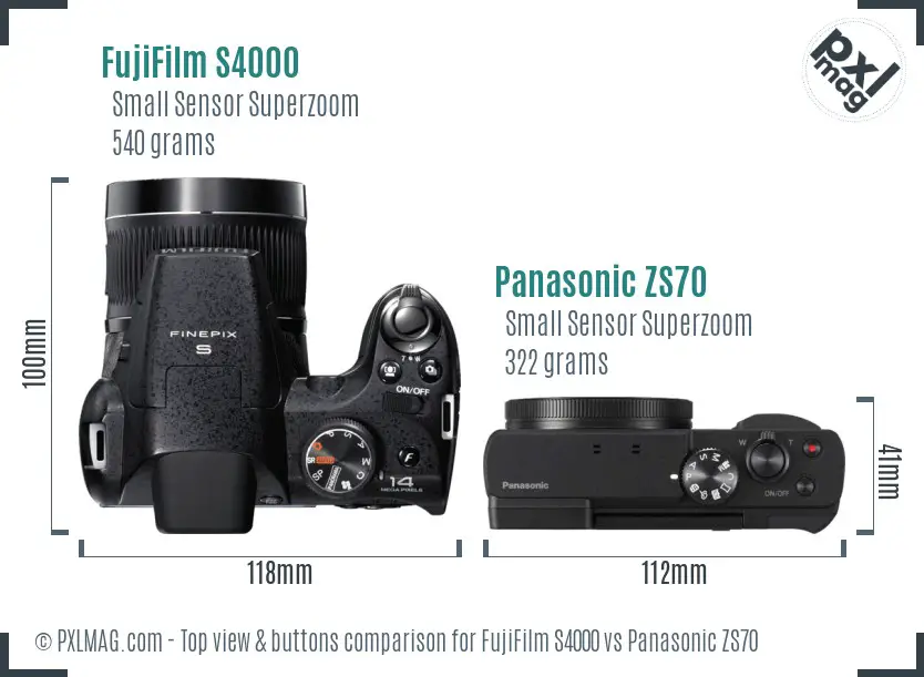 FujiFilm S4000 vs Panasonic ZS70 top view buttons comparison
