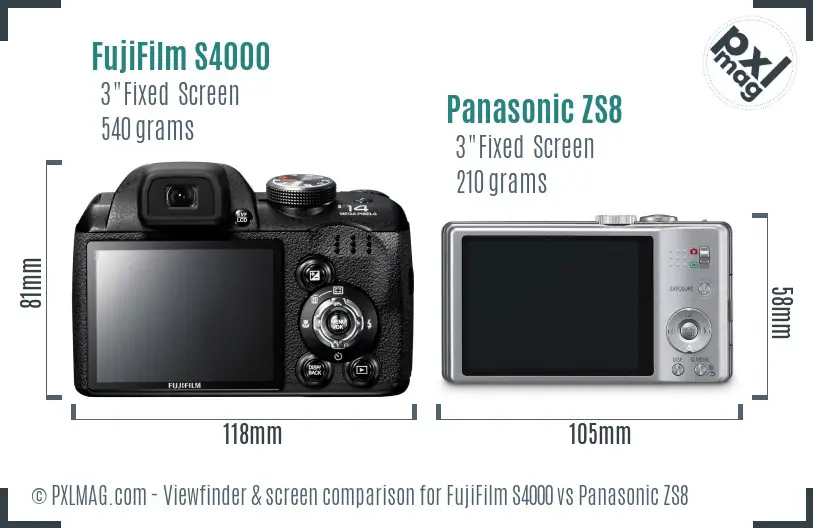 FujiFilm S4000 vs Panasonic ZS8 Screen and Viewfinder comparison