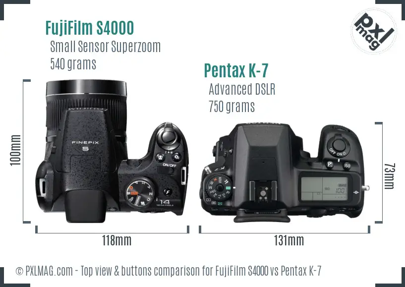 FujiFilm S4000 vs Pentax K-7 top view buttons comparison