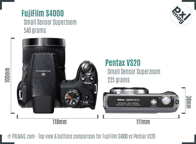 FujiFilm S4000 vs Pentax VS20 top view buttons comparison