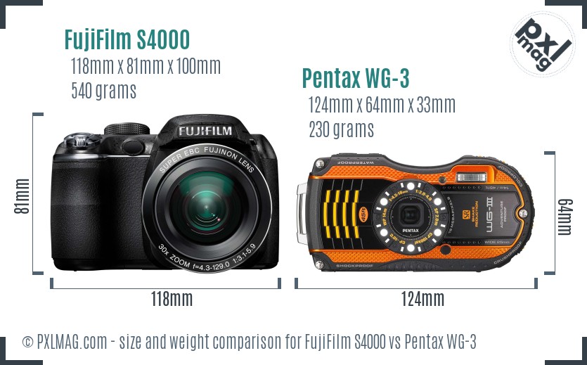 FujiFilm S4000 vs Pentax WG-3 size comparison