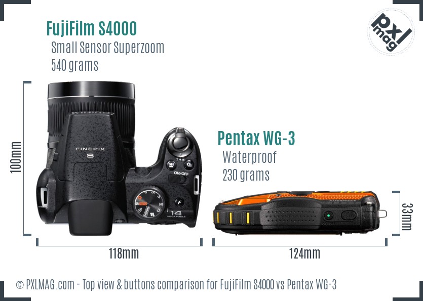 FujiFilm S4000 vs Pentax WG-3 top view buttons comparison