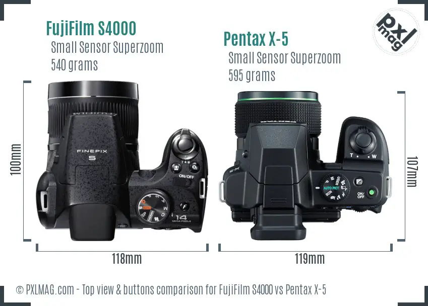 FujiFilm S4000 vs Pentax X-5 top view buttons comparison FujiFilm S4000 vs Pentax X-5 top view buttons comparison