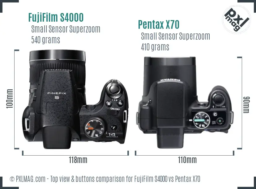 FujiFilm S4000 vs Pentax X70 top view buttons comparison FujiFilm S4000 vs Pentax X70 top view buttons comparison