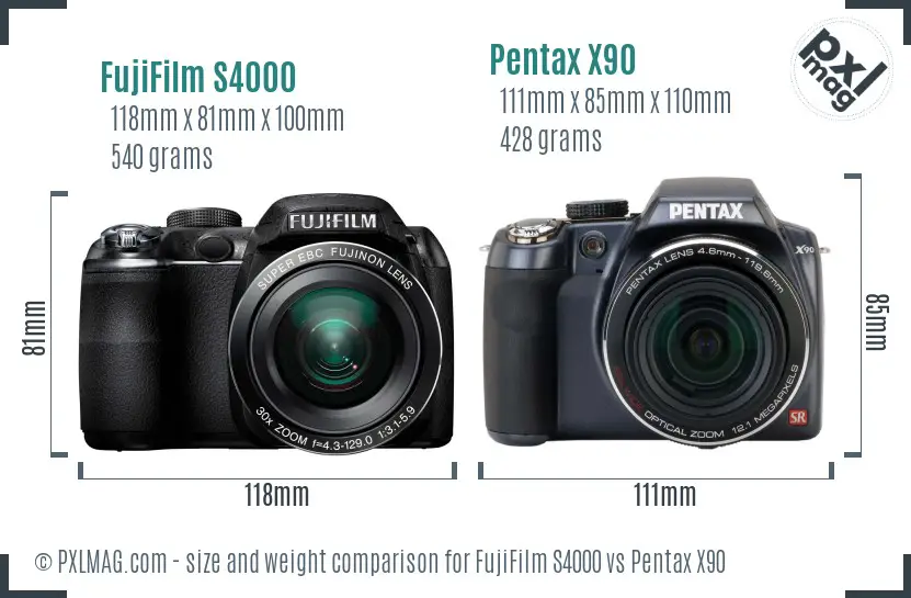 FujiFilm S4000 vs Pentax X90 size comparison