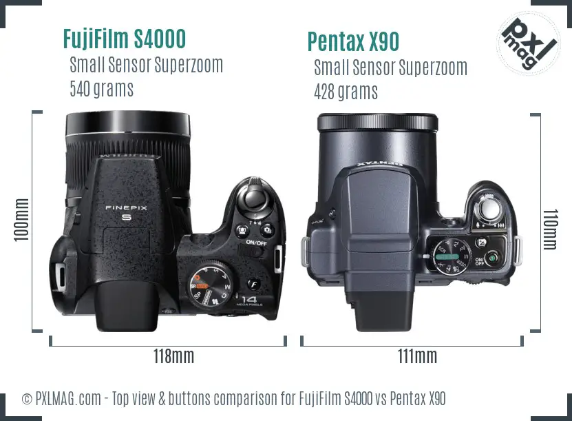 FujiFilm S4000 vs Pentax X90 top view buttons comparison