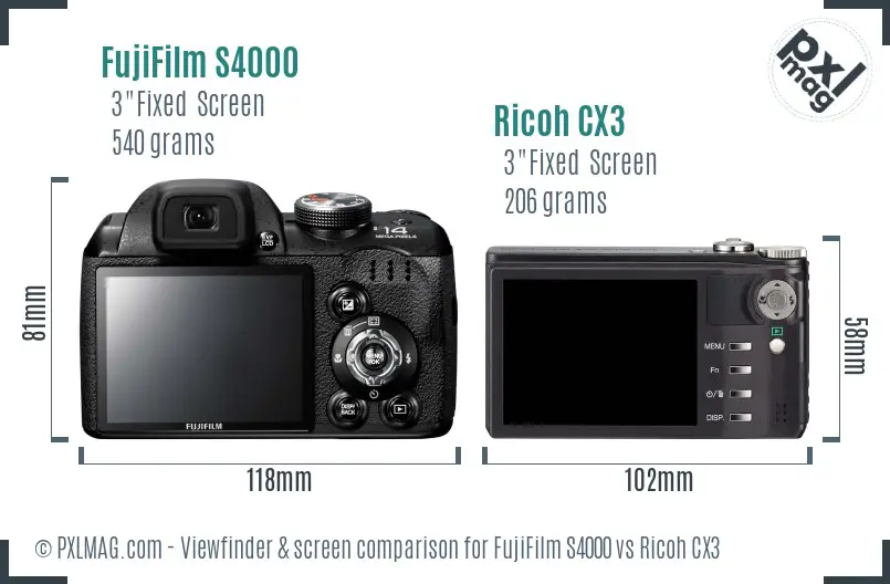 FujiFilm S4000 vs Ricoh CX3 Screen and Viewfinder comparison