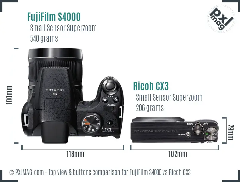 FujiFilm S4000 vs Ricoh CX3 top view buttons comparison