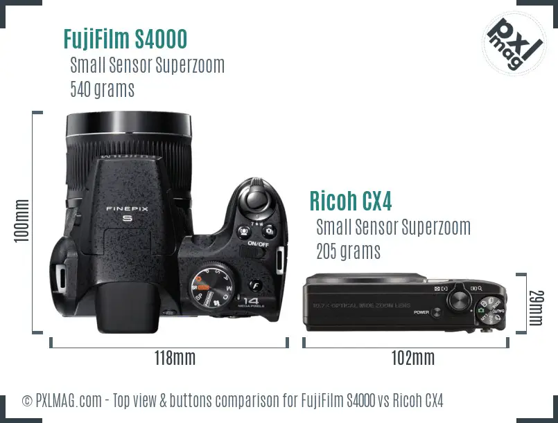 FujiFilm S4000 vs Ricoh CX4 top view buttons comparison