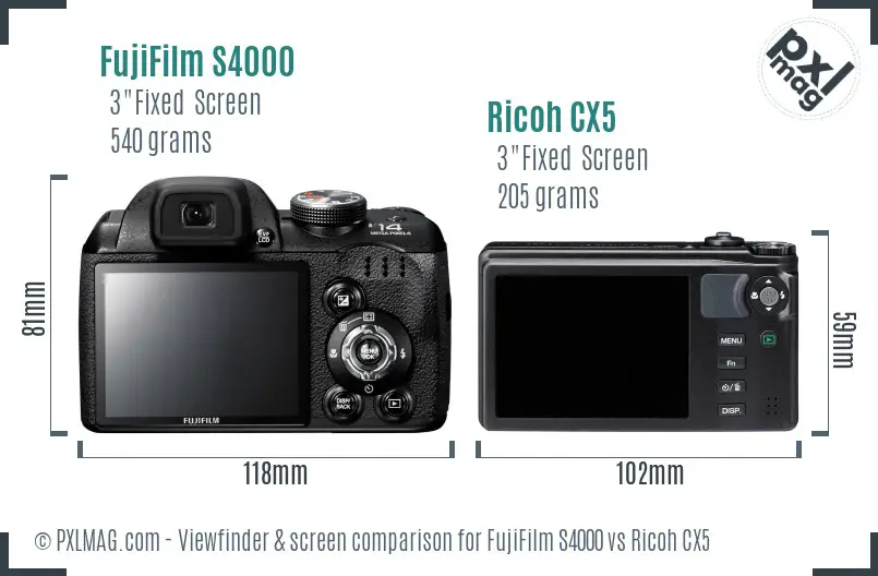 FujiFilm S4000 vs Ricoh CX5 Screen and Viewfinder comparison