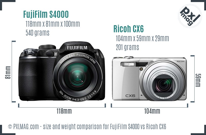 FujiFilm S4000 vs Ricoh CX6 size comparison FujiFilm S4000 vs Ricoh CX6 size comparison