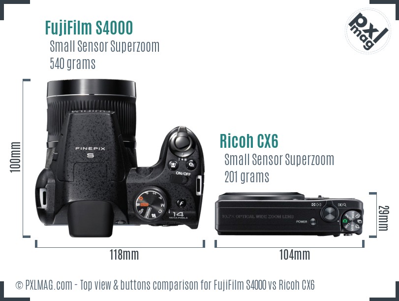 FujiFilm S4000 vs Ricoh CX6 top view buttons comparison