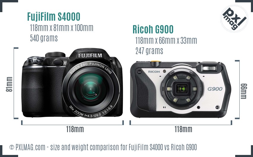 FujiFilm S4000 vs Ricoh G900 size comparison