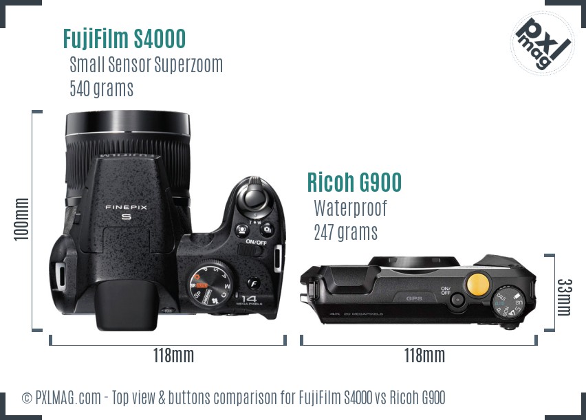 FujiFilm S4000 vs Ricoh G900 top view buttons comparison