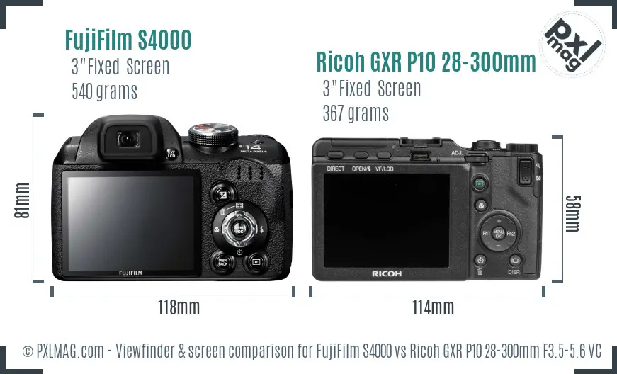 FujiFilm S4000 vs Ricoh GXR P10 28-300mm F3.5-5.6 VC Screen and Viewfinder comparison