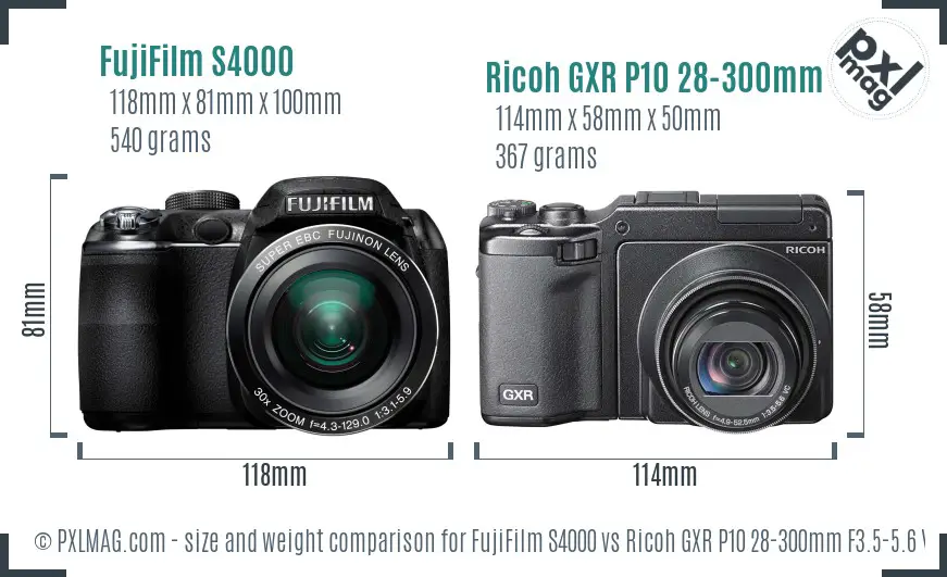 FujiFilm S4000 vs Ricoh GXR P10 28-300mm F3.5-5.6 VC size comparison