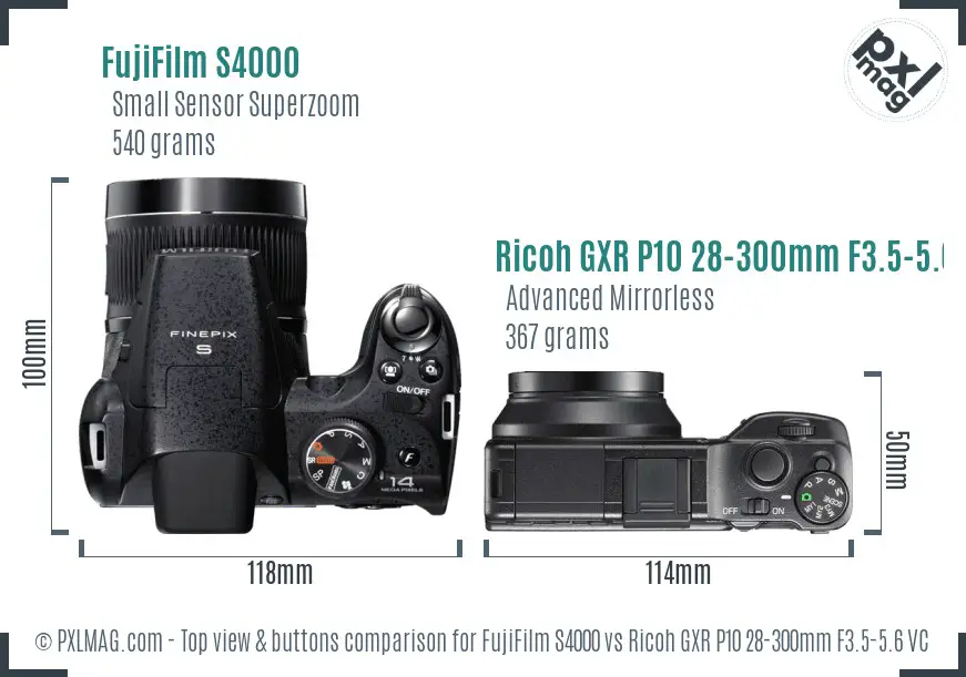 FujiFilm S4000 vs Ricoh GXR P10 28-300mm F3.5-5.6 VC top view buttons comparison