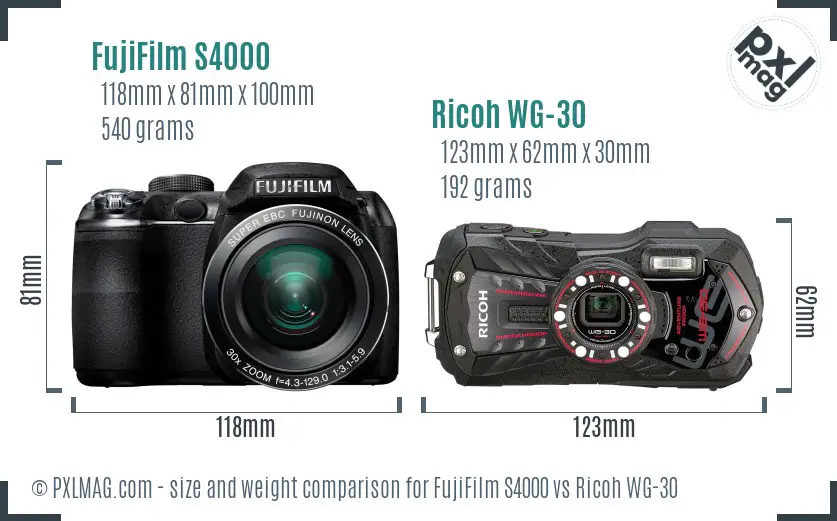 FujiFilm S4000 vs Ricoh WG-30 size comparison