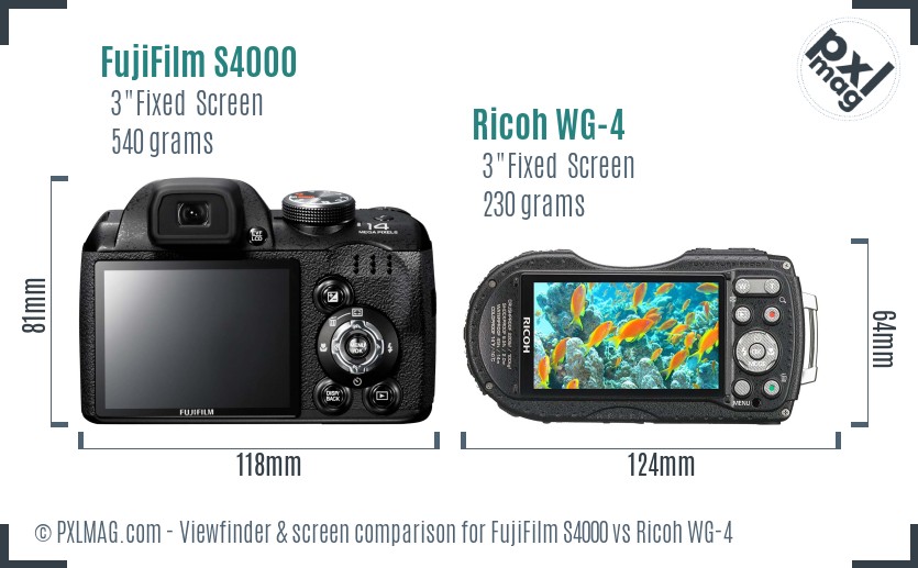 FujiFilm S4000 vs Ricoh WG-4 Screen and Viewfinder comparison