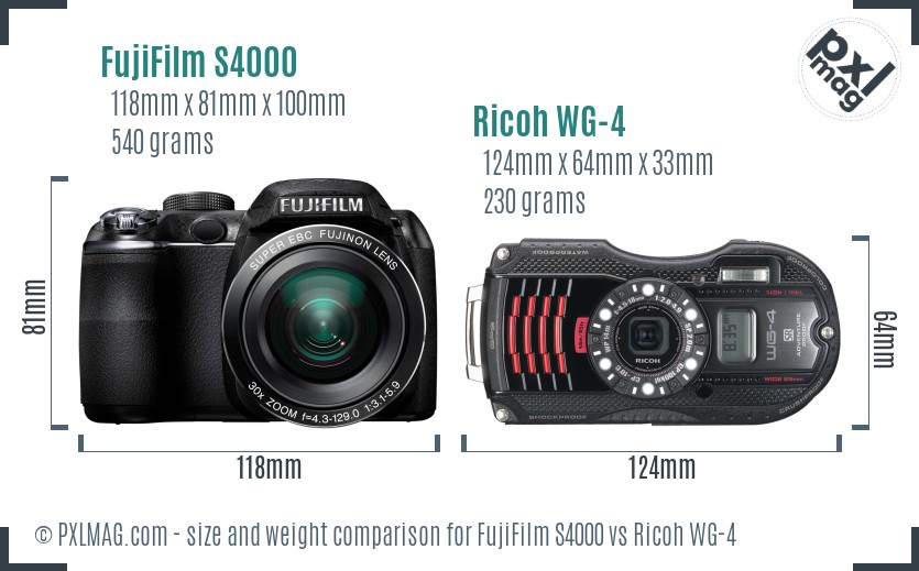 FujiFilm S4000 vs Ricoh WG-4 size comparison