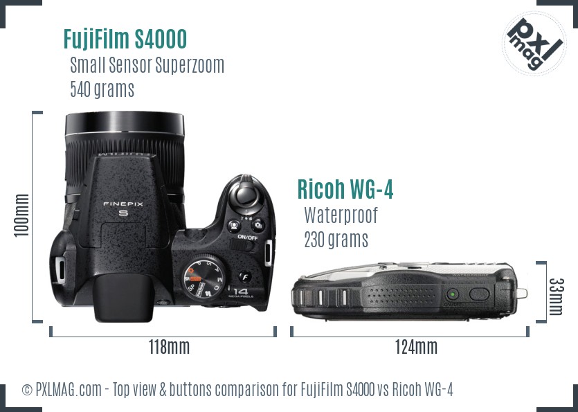 FujiFilm S4000 vs Ricoh WG-4 top view buttons comparison
