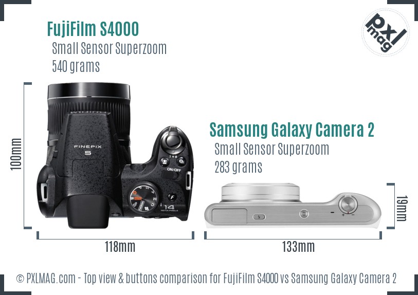 FujiFilm S4000 vs Samsung Galaxy Camera 2 top view buttons comparison