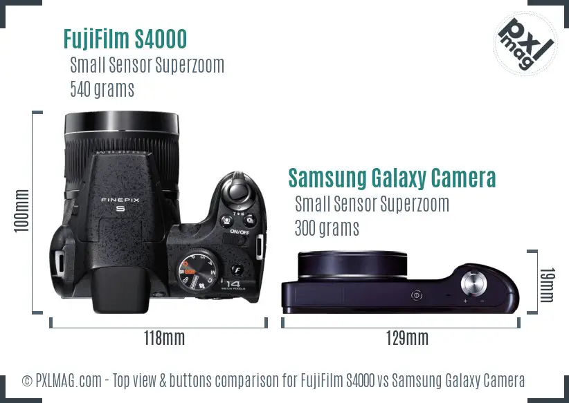 FujiFilm S4000 vs Samsung Galaxy Camera top view buttons comparison FujiFilm S4000 vs Samsung Galaxy Camera top view buttons comparison